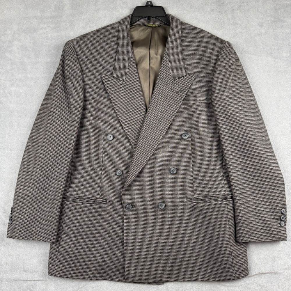 Vintage Nino Cerruti Rue Royale Double Breasted Blazer Brown Houndstooth USA 46R